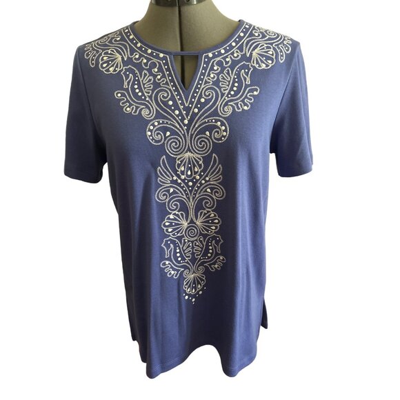 Alfred Dunner Womens Lavender Embroidered Top Short Sleeve Keyhole Chest, Small - Picture 1 of 8